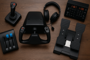 A neatly arranged top-down view of flight simulation hardware on a wooden surface, including a joystick, throttle quadrant, yoke, rudder pedals, headset with microphone, and a flight control panel with illuminated radio frequencies.