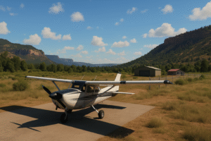 A small single-engine airplane sits on a rural airstrip surrounded by tall grass, with a hangar, a small house, and forested mountains in the background under a bright blue sky.
